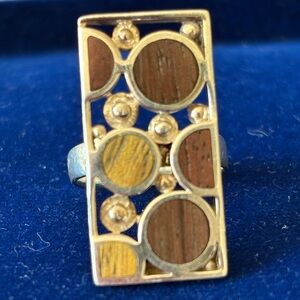 Geometric Gold and Brown wood accented Statement Ring